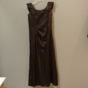 Belsoie Chocolate Brown Satin Long Gown Dress Prom Bridal Evening
